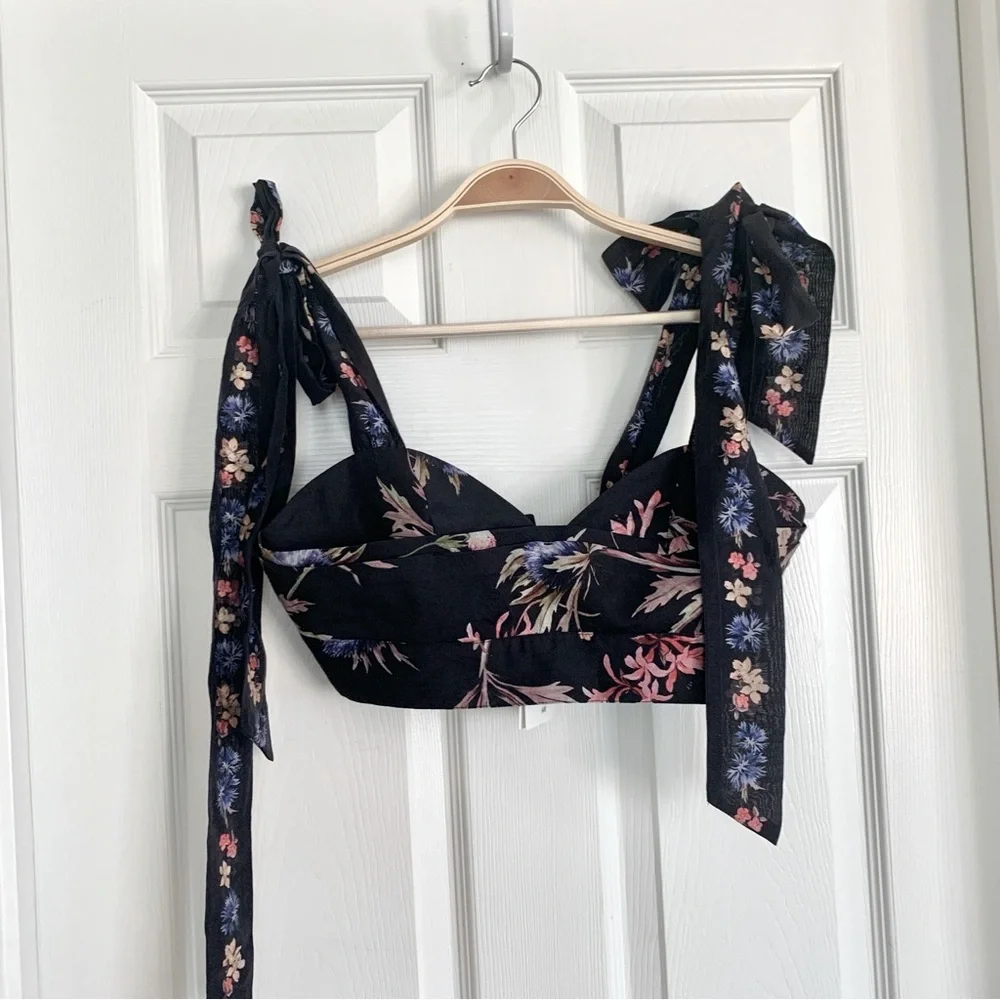🪻H&M Tie-Strap Crop Top Floral Flowers Black Ribbon Tie Medium M
